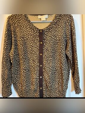 Savage Style Michael Kors Leopard Print Silk Blend Knit Cardigan 3/4 Sleeves LG